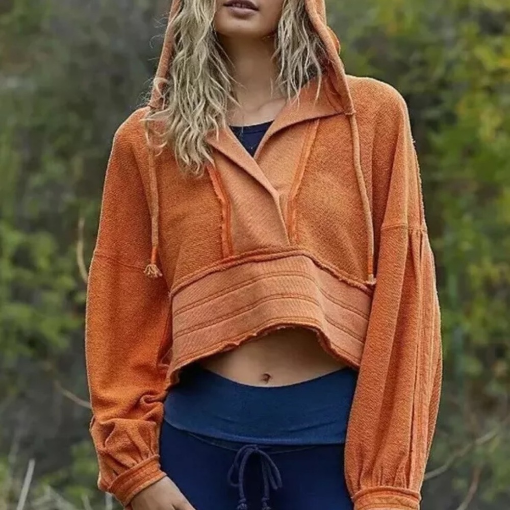 Free People Sz S Orange Hoodie Crop - Picture 1 of 8